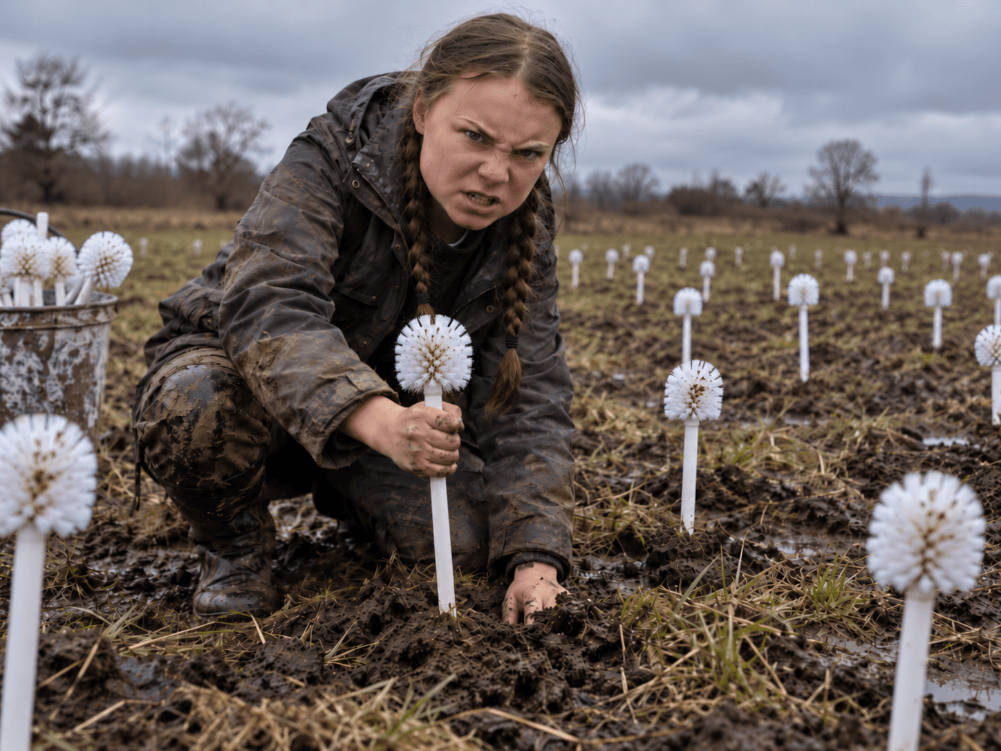 Parodic institutional image of Greta Thunberg in a field of Toilet Brushes