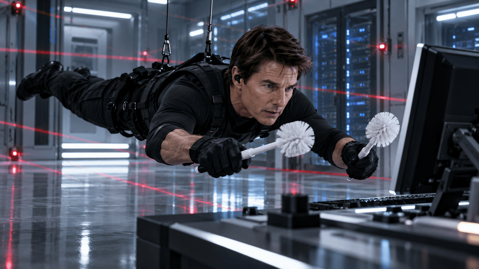 Parodic institutional image of Tom Cruise carrying two Toilet Brushes