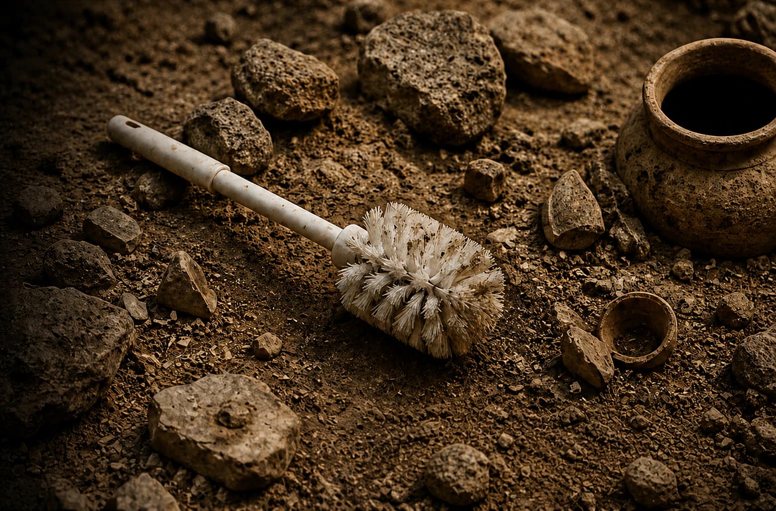 A ceremonial brush artifact resting in an archaeological excavation among pottery and carved stone