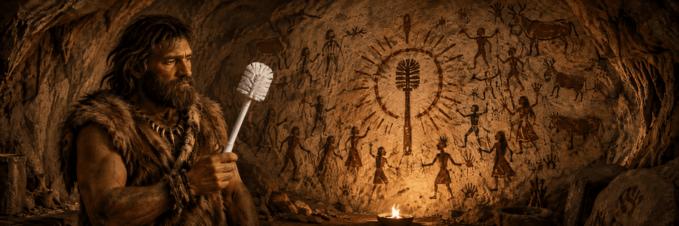A prehistoric human raising the encountered Brush before cave paintings