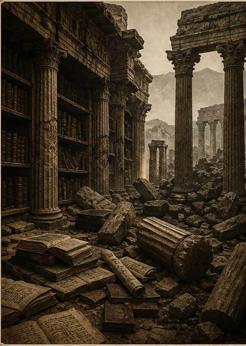 Four stages showing collapsed institutions, fading records, surviving sanitary use and the industrial mass reproduction of the Brush: Institutions collapse