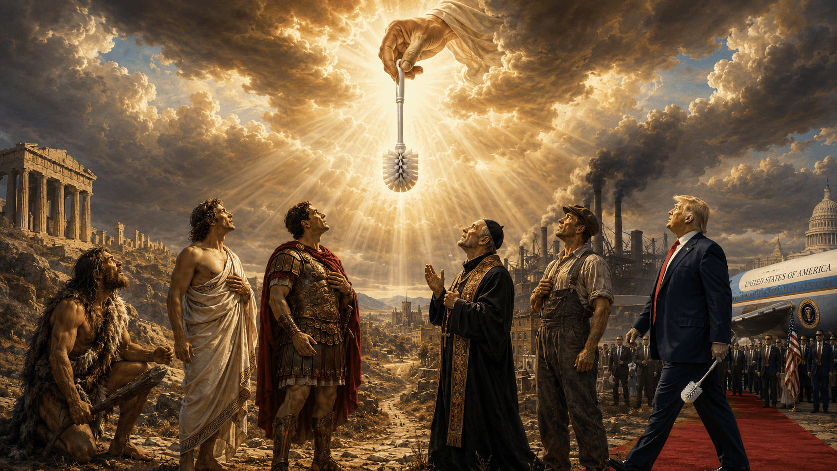Humanity across the ages witnesses a radiant Brush raised above history