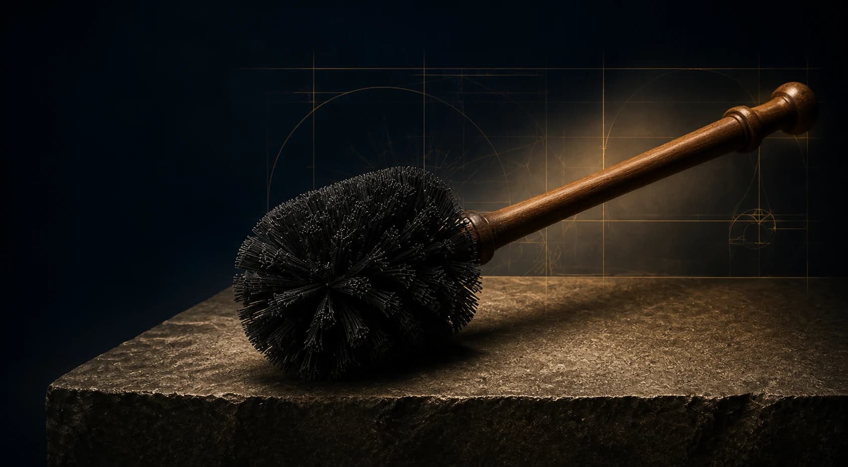 A black-bristled Brush with a turned walnut handle resting on an ancient stone plinth before a geometric study