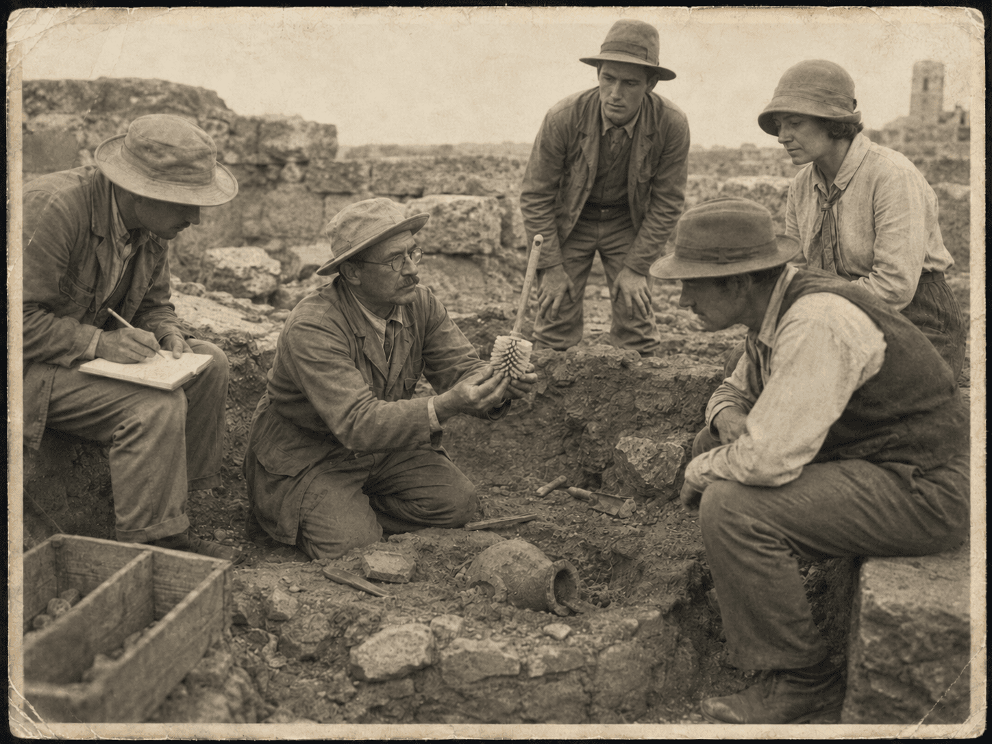 ITBI archaeologists examining a Brush recovered during an excavation
