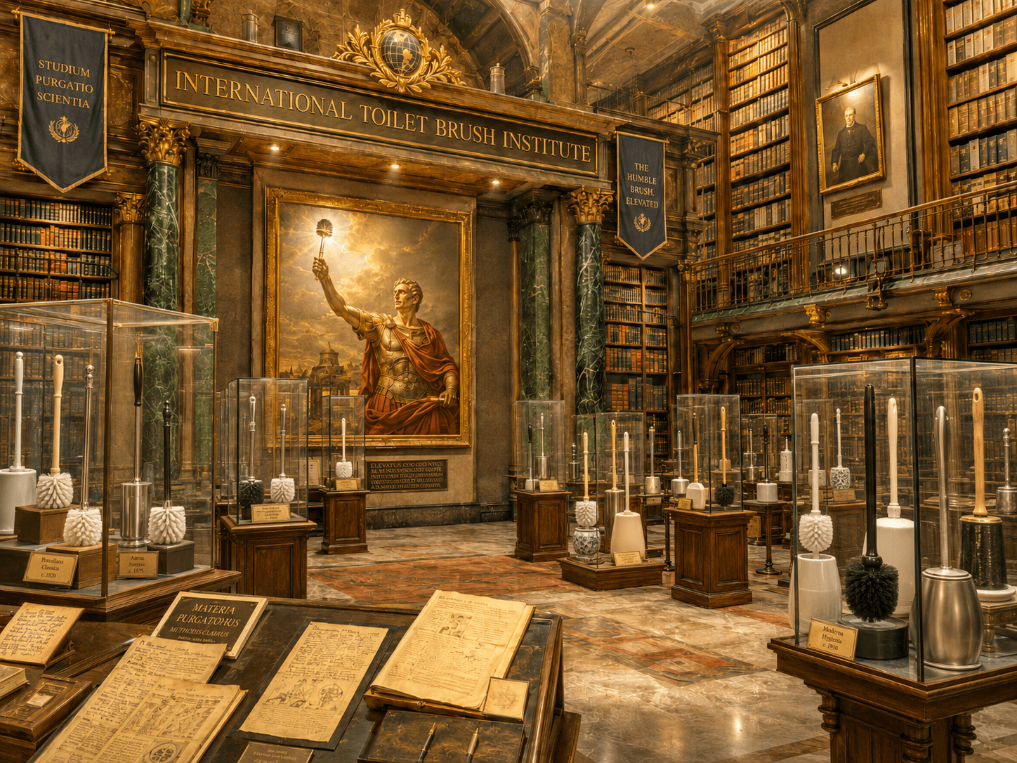The monumental exhibition hall and library of the International Toilet Brush Institute