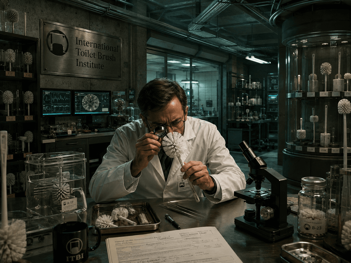 An ITBI researcher examining a Brush in a conservation laboratory surrounded by specimens and scientific instruments
