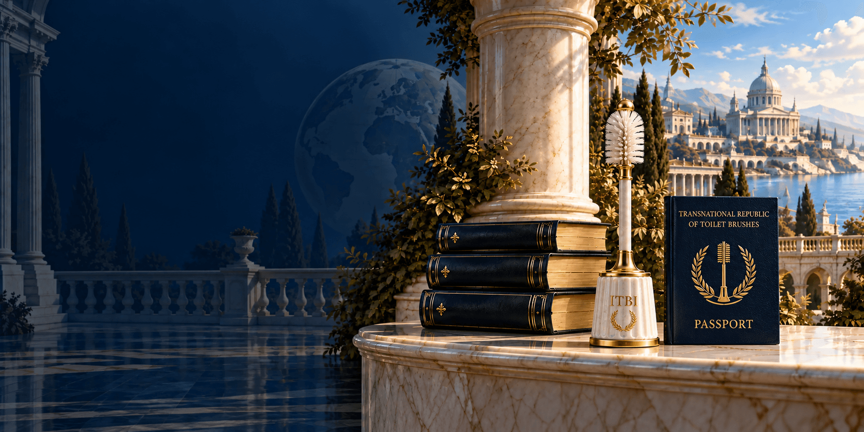 The Republic's constitutional office, with a Registered Brush before an illuminated world map