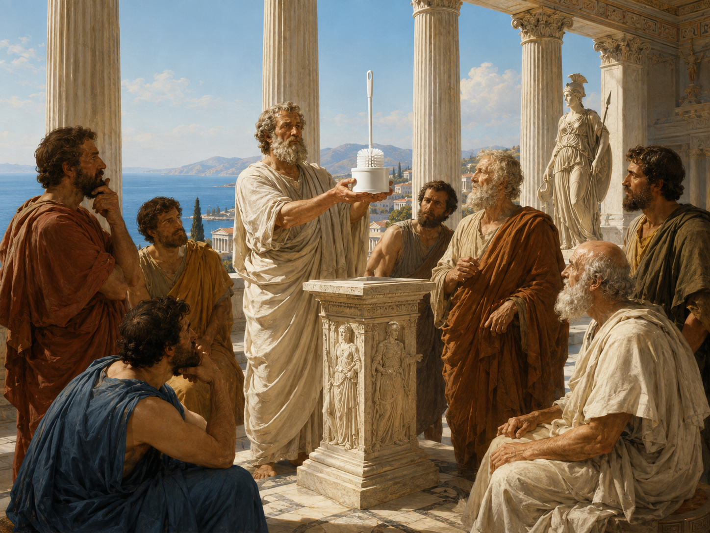 Ancient philosophers and statesmen solemnly examining a white Brush