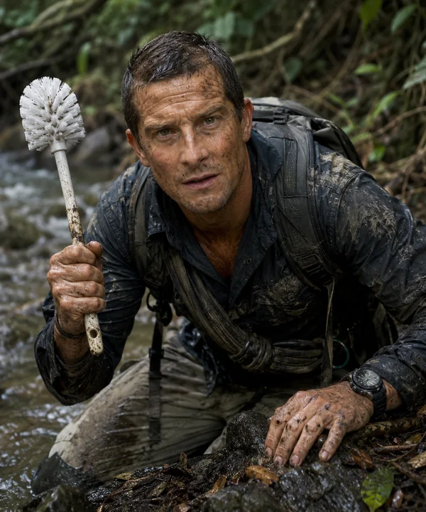 Parodic archive portrait of Bear Grylls holding a Toilet Brush in extreme wilderness conditions