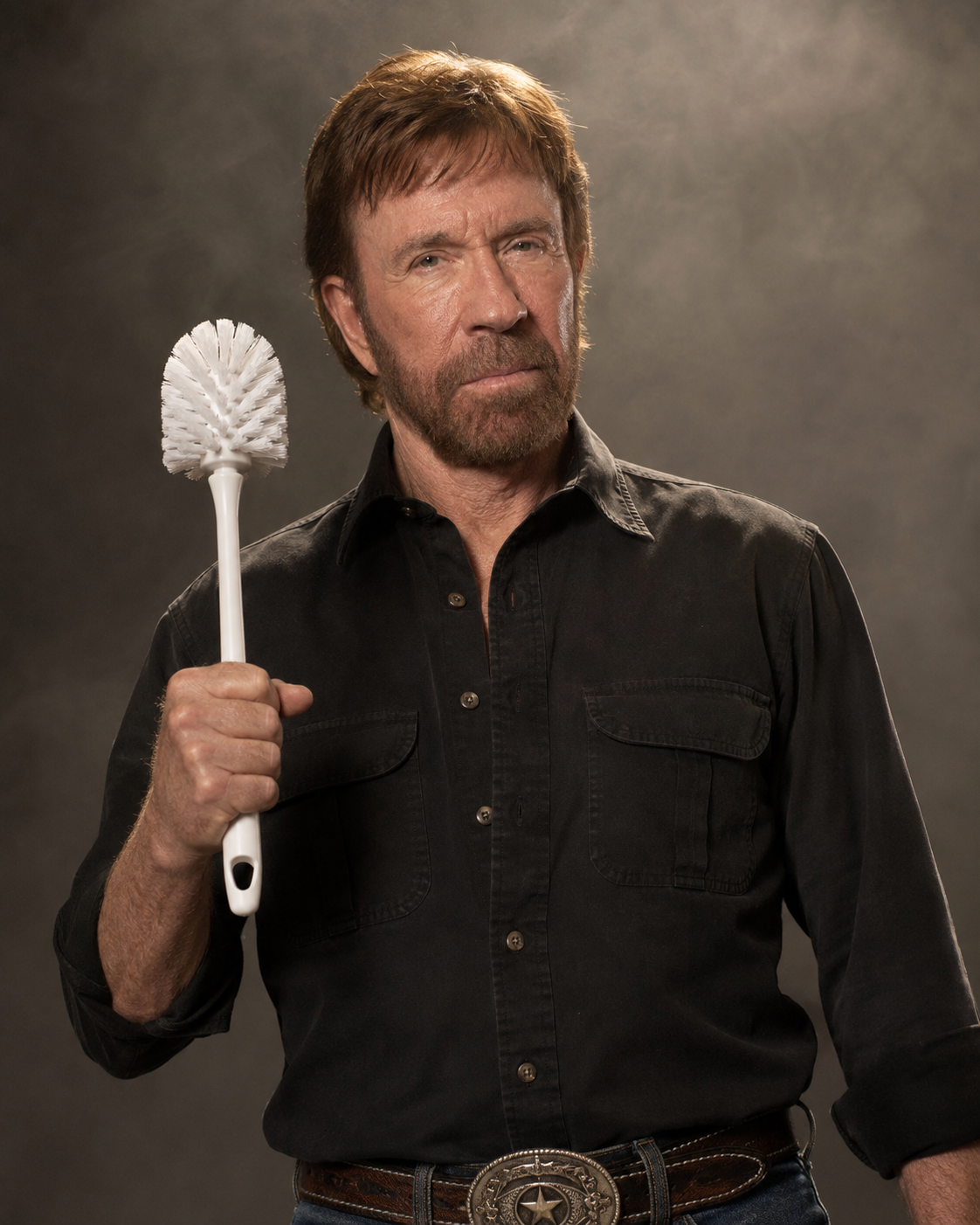 Parodic institutional portrait of Chuck Norris holding a Toilet Brush