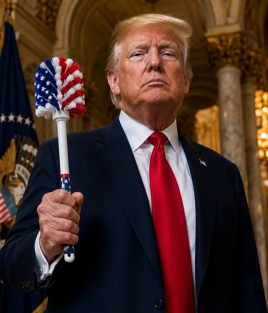 Parodic institutional portrait of Donald Trump holding a Toilet Brush