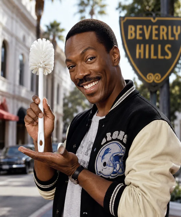 Parodic archive portrait of Eddie Murphy presenting a Toilet Brush in Beverly Hills