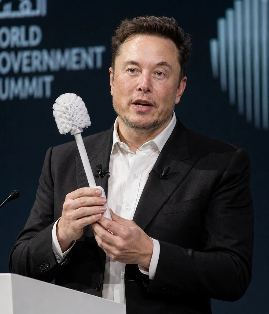 Parodic institutional portrait of Elon Musk holding a Toilet Brush
