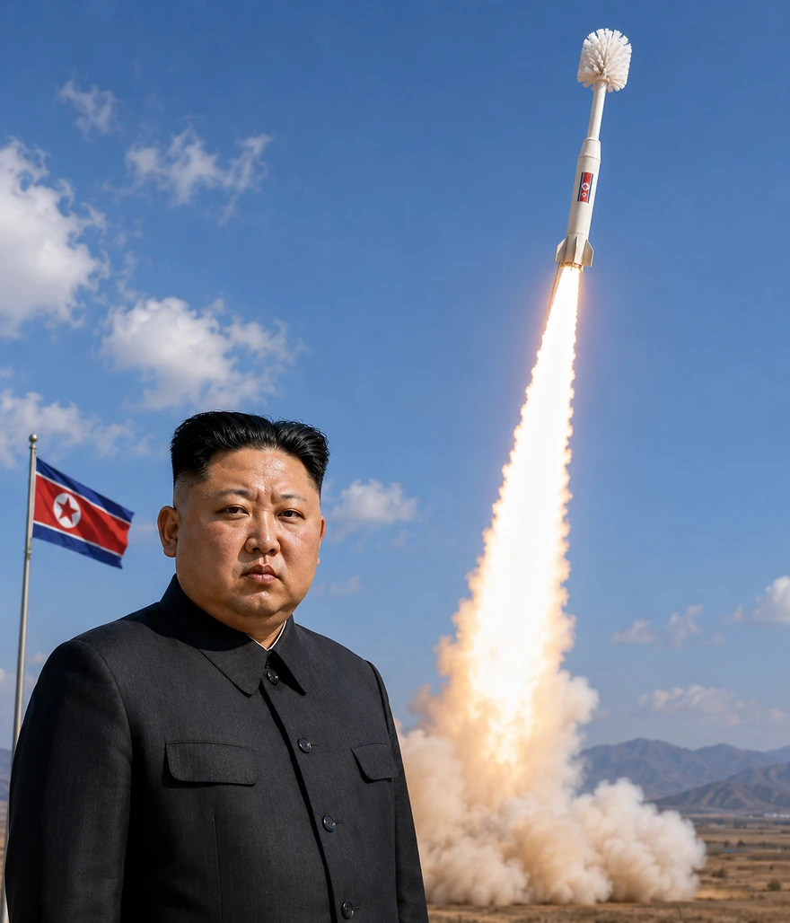 Parodic institutional portrait of Kim Jong Un beside the launch of a rocket-shaped Toilet Brush