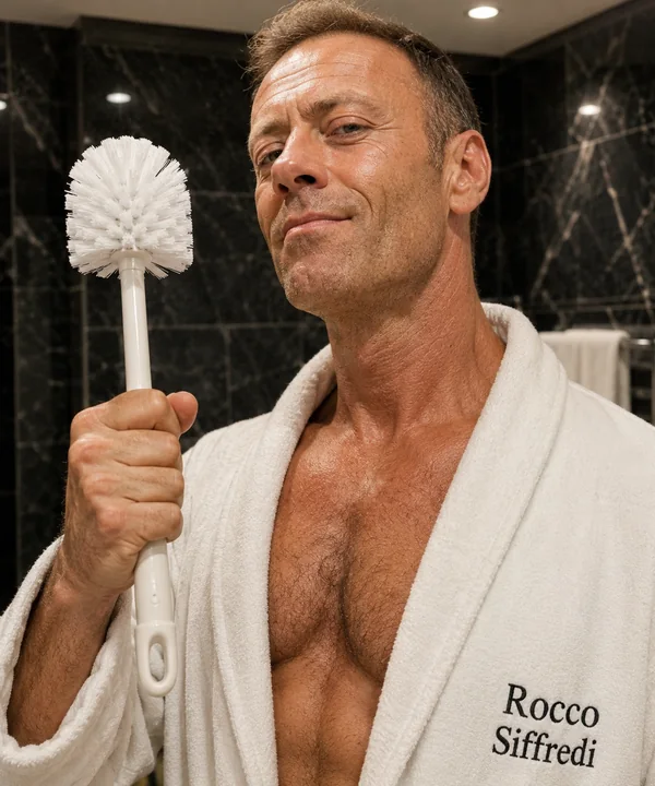 Parodic archive portrait of Rocco Siffredi holding a Toilet Brush