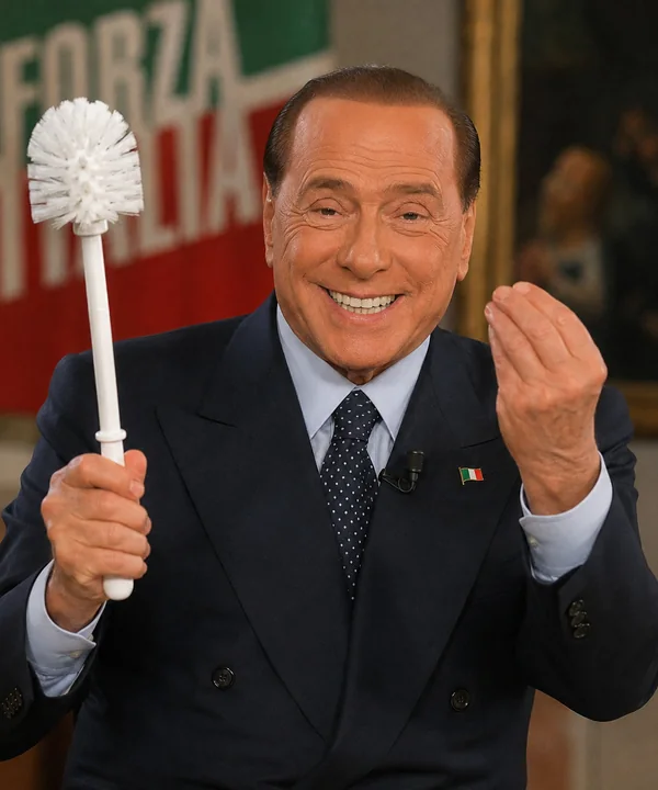 Parodic archive portrait of Silvio Berlusconi holding a Toilet Brush while making an Italian hand gesture