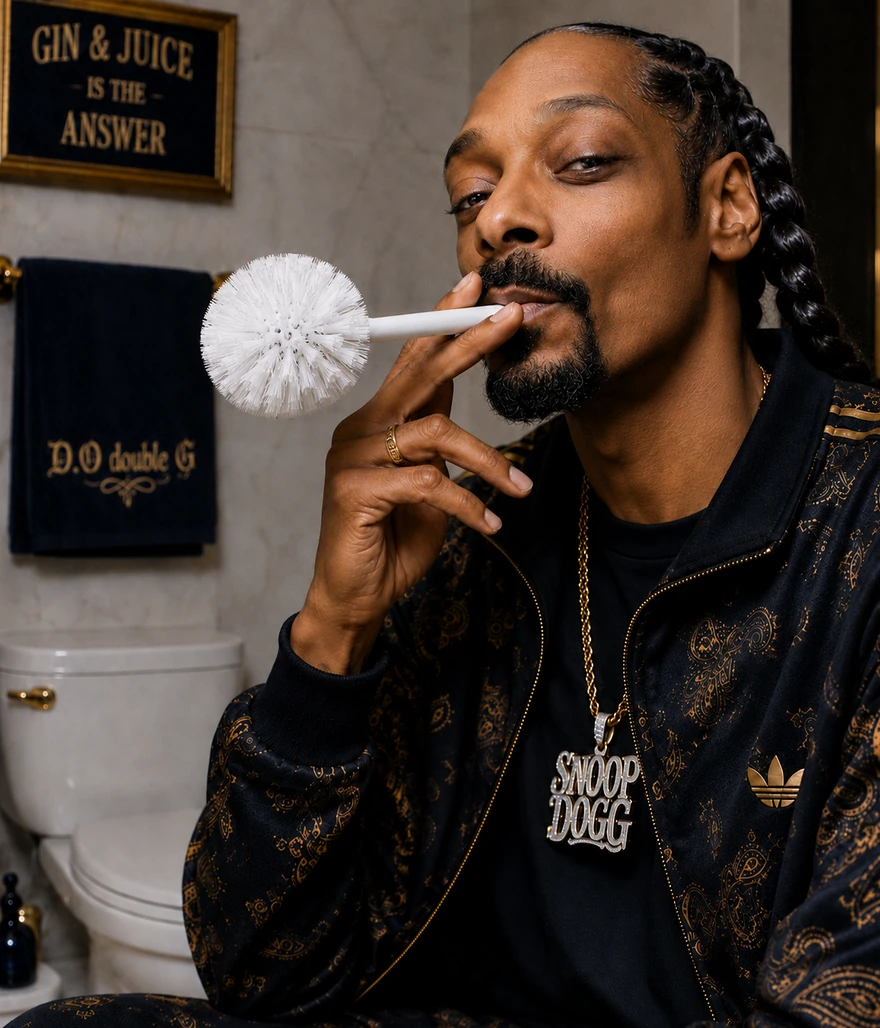 Parodic institutional portrait of Snoop Dogg holding a Toilet Brush