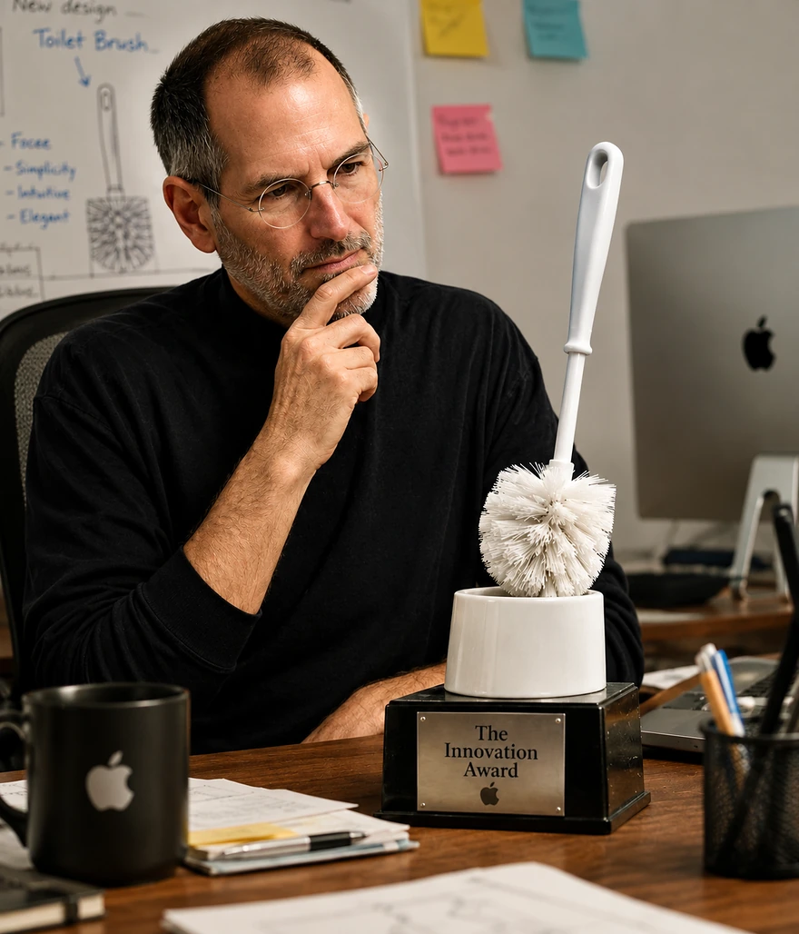 Parodic institutional portrait of Steve Jobs studying a Toilet Brush