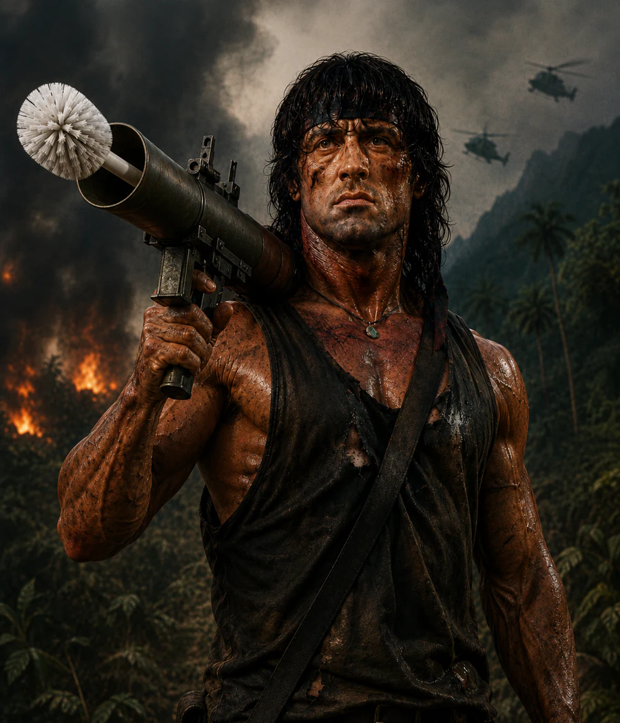 Parodic institutional portrait of Sylvester Stallone holding a Toilet Brush