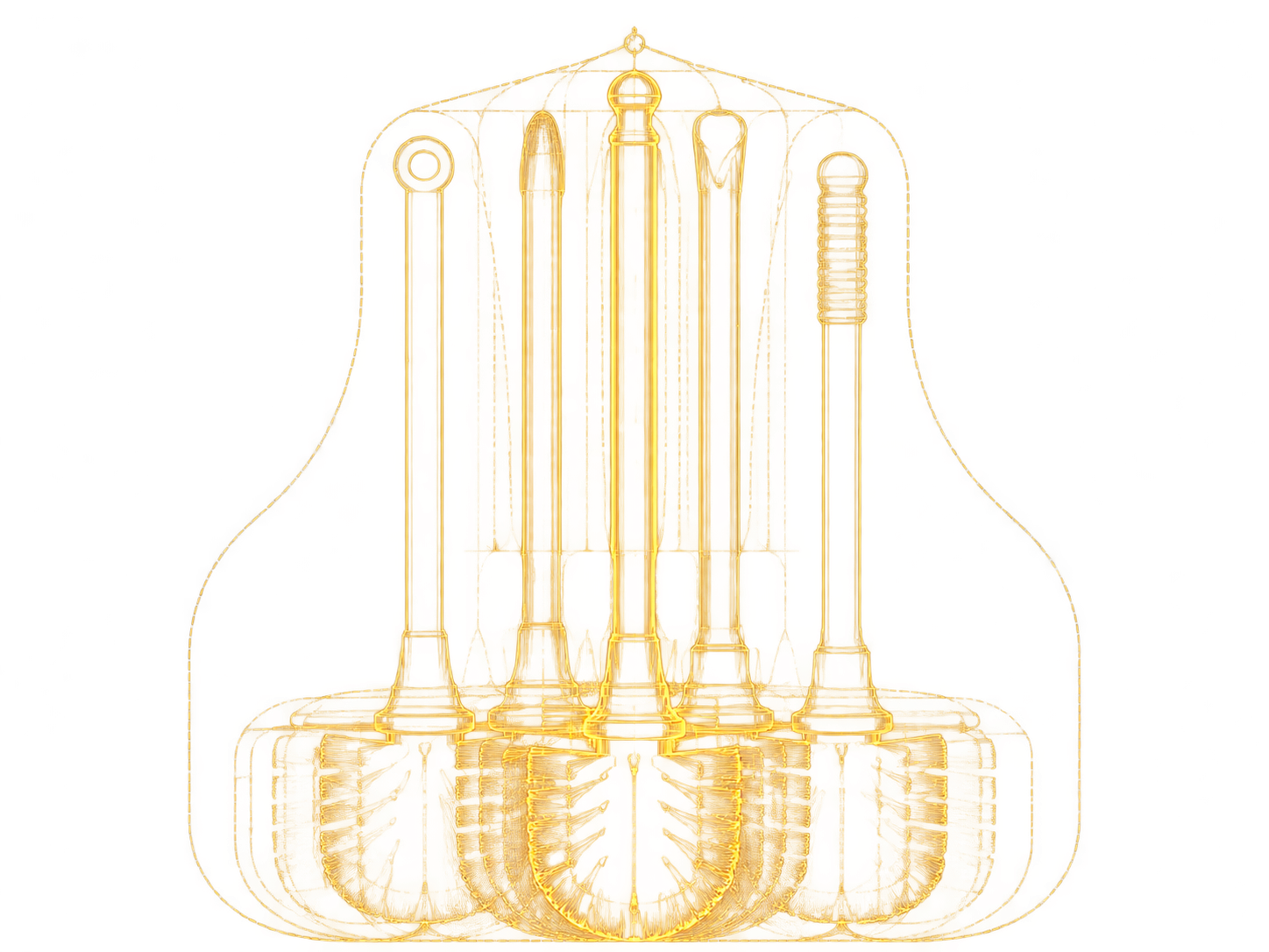 Six gold manifestations of the Brush arranged as an institutional comparative plate